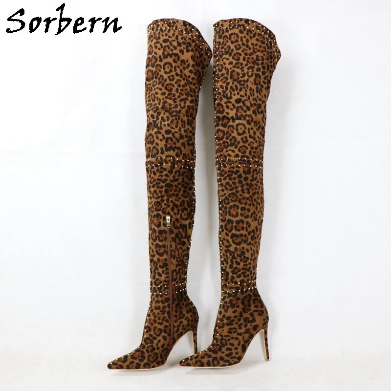 VCSHOES Women Boots Leopard Faux Suede Over The Knee Length High Thin Heels Pointed Toe Plush Lining Half Size Zipper Custom