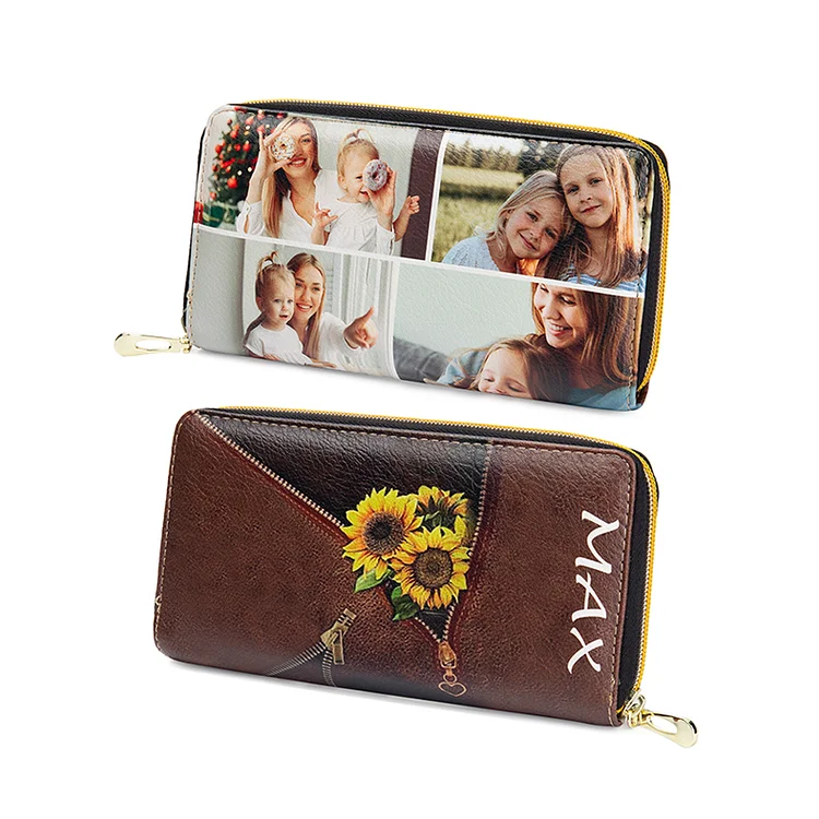 Personalized 4 Photos Wallet Leather Zipper Wallet Sunflower Women Purse