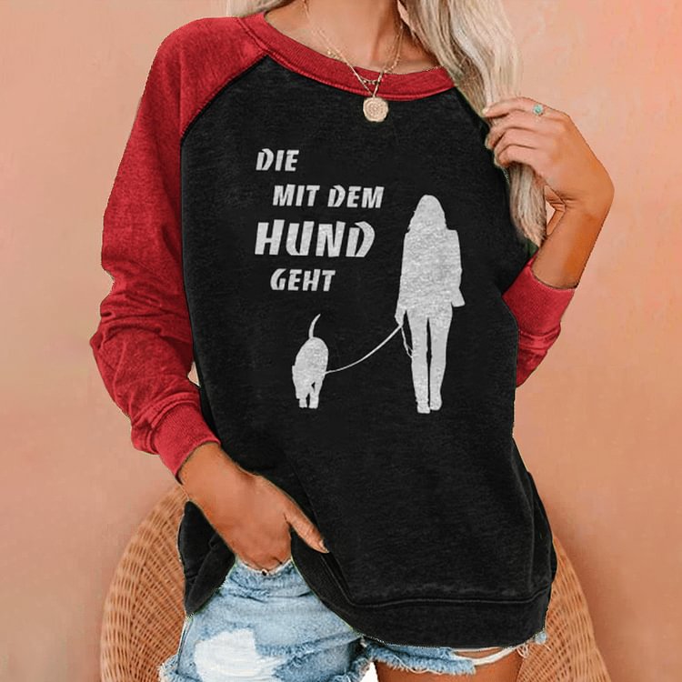 Vefave Dog Print Contrast Panel Crew Neck Sweatshirt