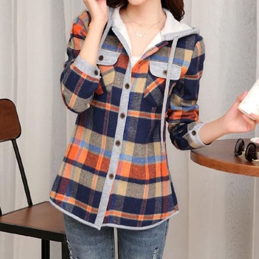 Final Stock! 2XL Blue-Orange Grid Warming Blouse Shirt SP168436