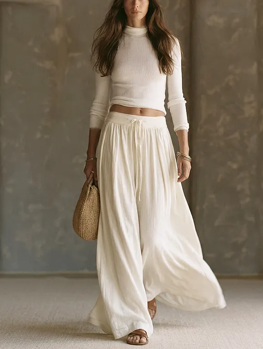 Women's Casual Beige Long-sleeved Knit Top Paired With Cotton-linen Trousers MD