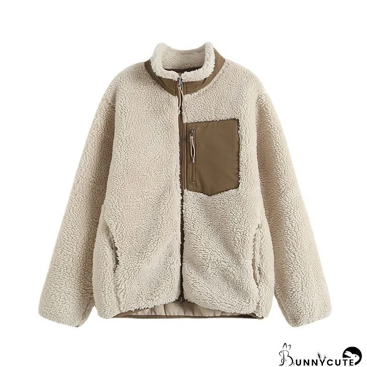Khaki Fashion Street Patchwork Pocket Zipper O Neck Tops