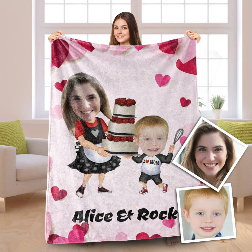 Mother's Day Gift,Custom Photo Blankets Personalized Photo Blanket Fleece Cooking Mommy With Son Painting Style Blanket For Mother's Day