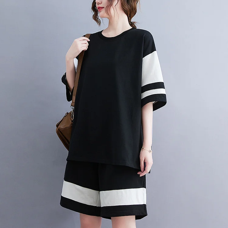 Loose Colorblock Short Sleeve T-Shirt And Shorts Suit