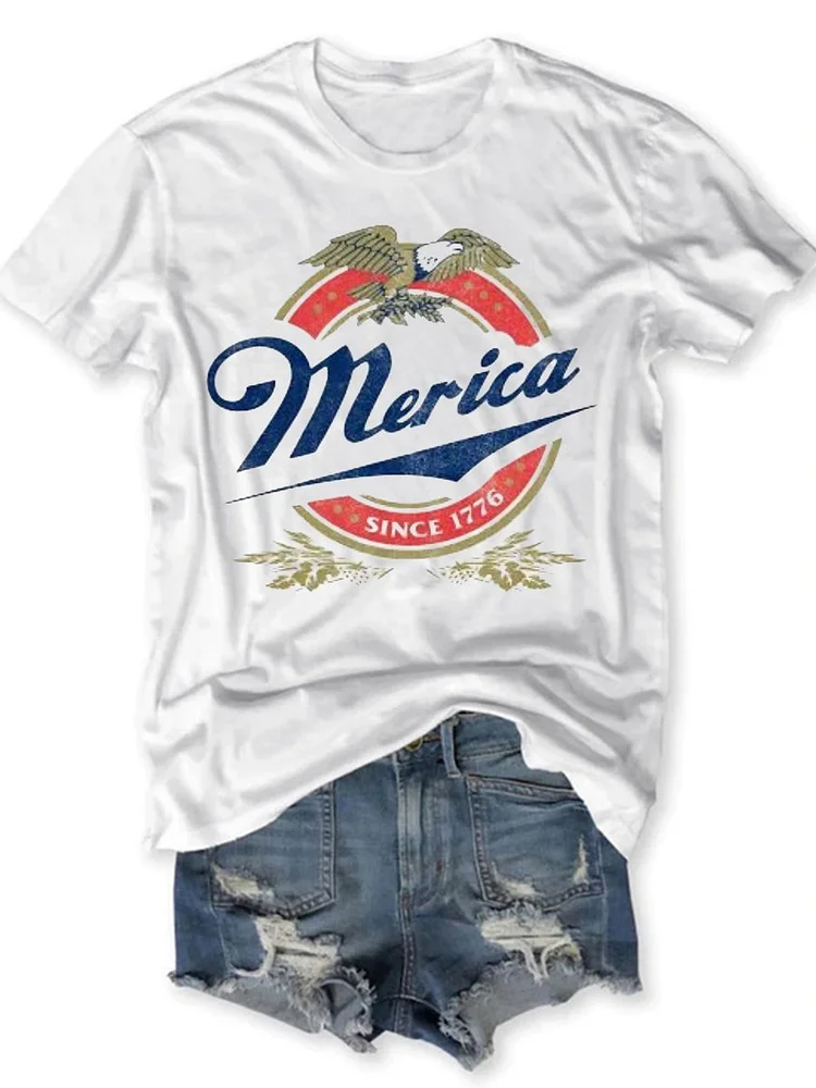 Bestdealfriday Merica Since 1776 Letter Short Sleeve Woman's Shirts Tops