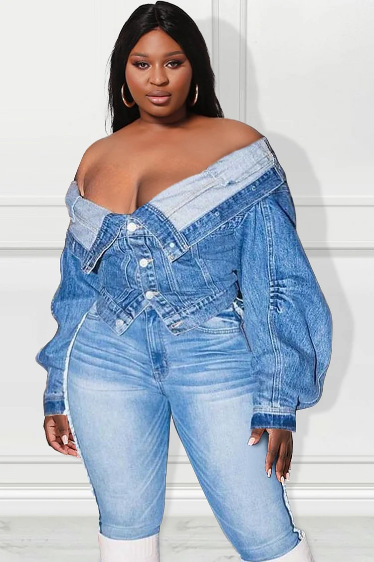 Plus Size Outerwear Jacket Daily Blue Off The Shoulder Denim Long Sleeve [Pre-Order]