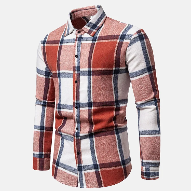 Men's Casual Colorblock Plaid Single Breasted Long Sleeve Shirt