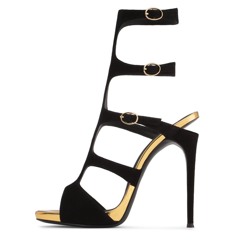 Black Stiletto Heel Slingback Buckles Gladiator Heels Sandals |FSJ Shoes