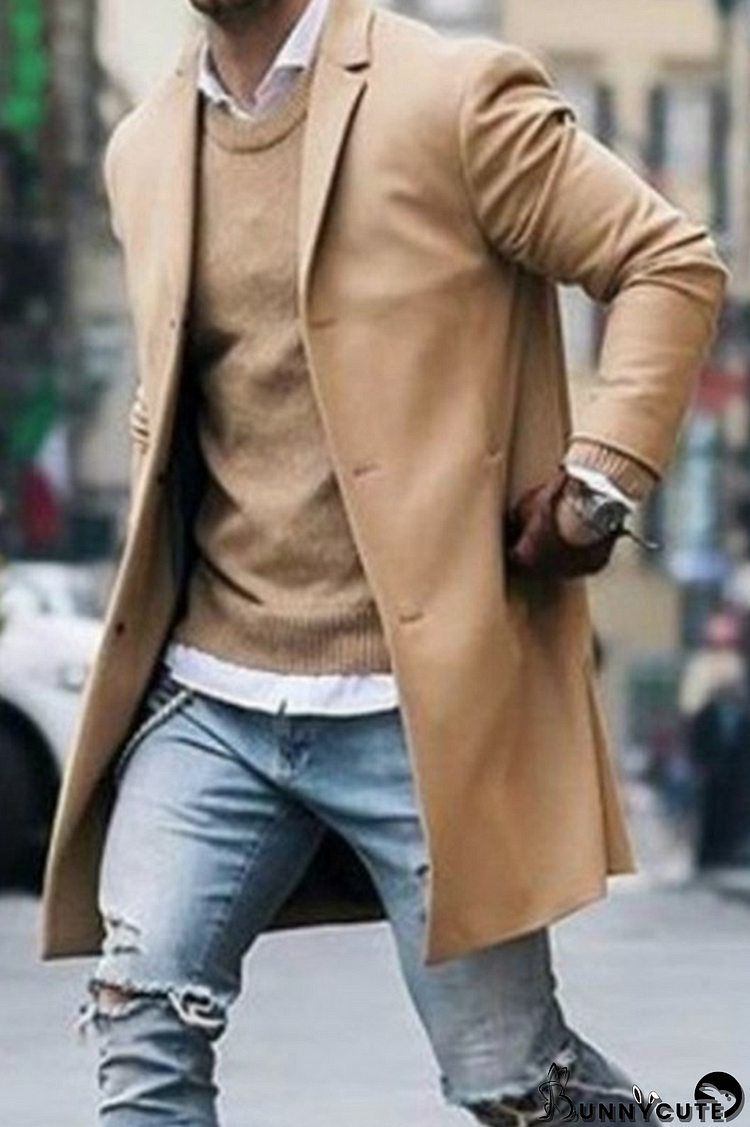 Khaki Fashion Casual Solid Pocket Buckle Turn-back Collar Outerwear