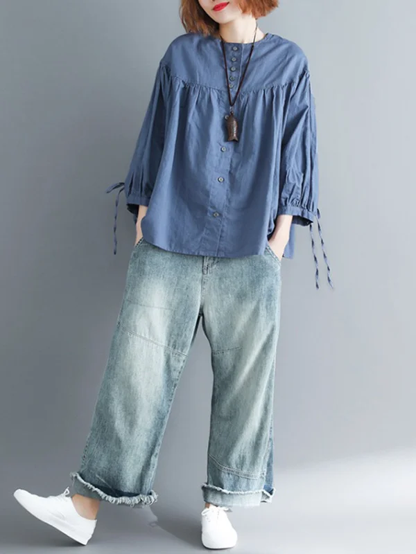 Artistic Solid Puff Sleeve Blouse Tops