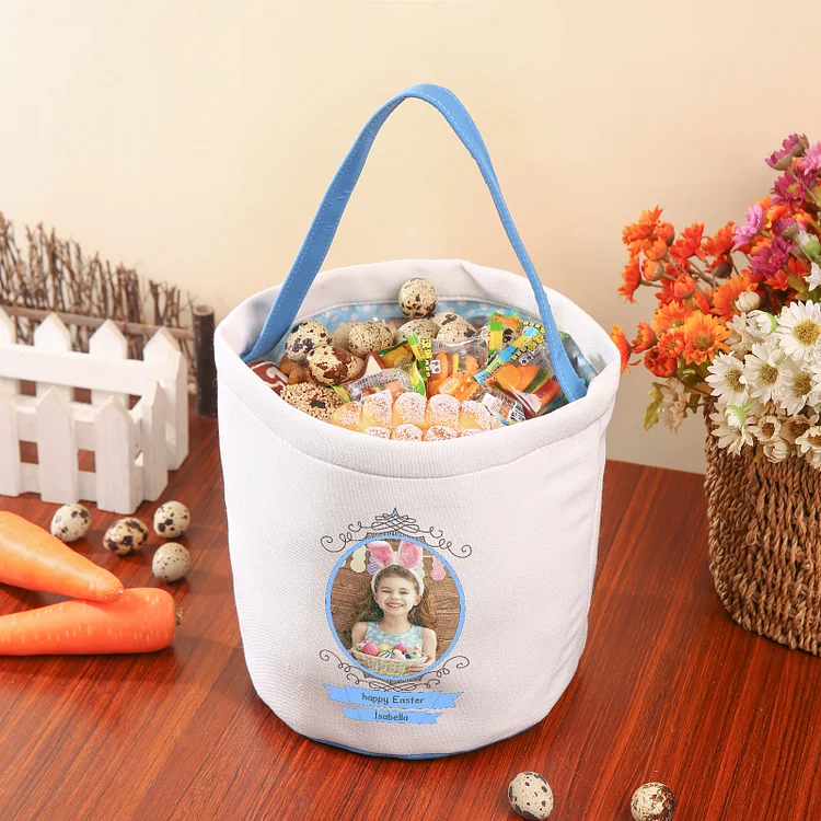 Easter Bunny Tote Bag Personalized Photo Bucket Bag Custom Name & Text White Basket Gifts For Kids