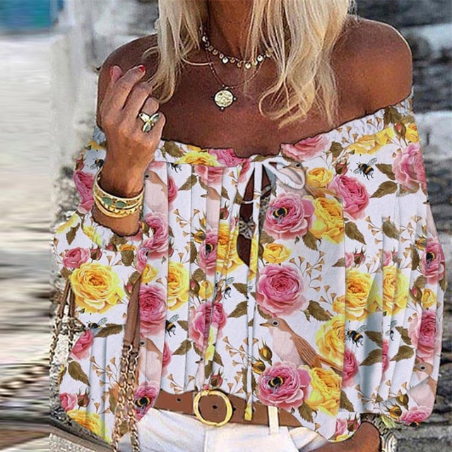 Sonicelife 2023 Summer Vintage Floral Print Boho Blouses Women Off