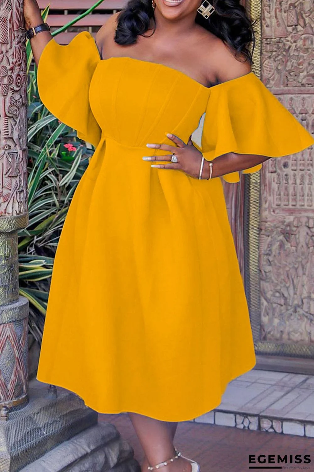 Yellow Elegant Solid Patchwork Off the Shoulder Evening Dress Dresses | EGEMISS