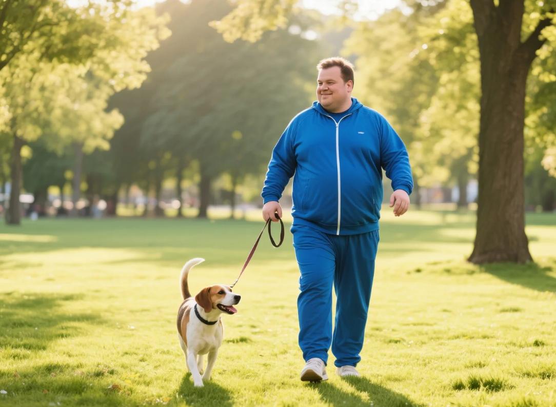 A men walking with his dog in big and tall jogger set.