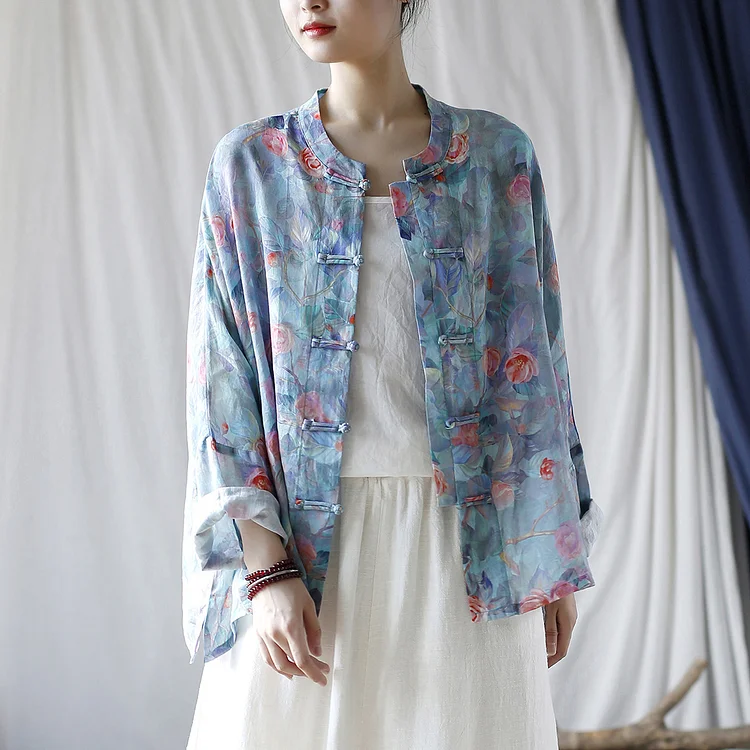 Original Ramie Printed Buttoned Long Sleeve Outerwear