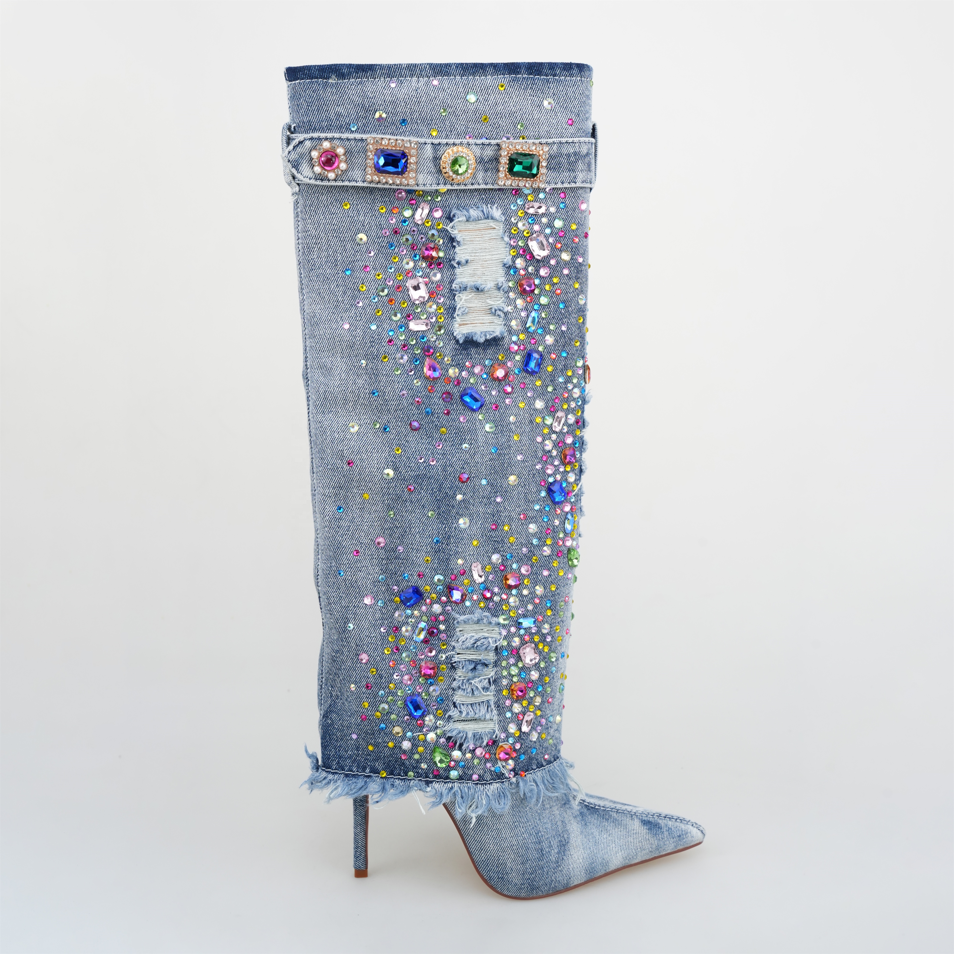 TAAFO Rehine Stone Women High Heel Pointed Toe Denim Boots Over Knee Boots Stiletto Heel