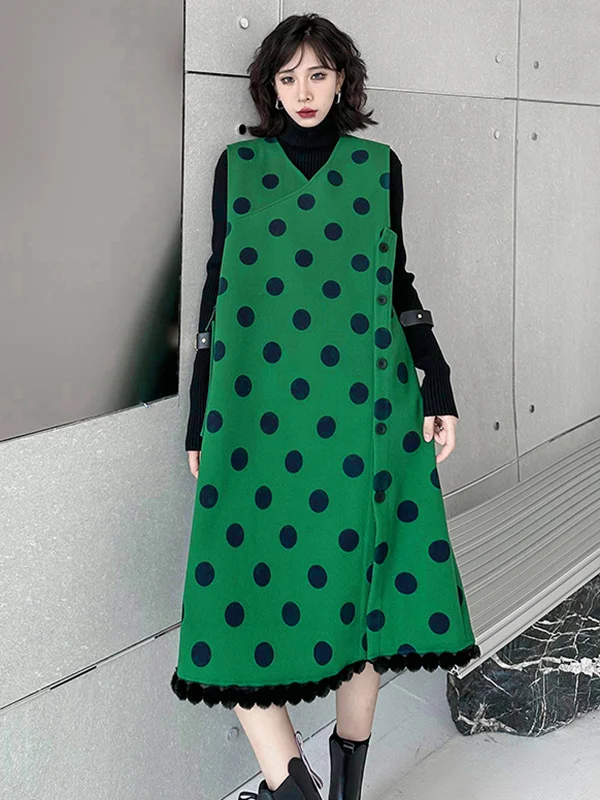 Stylish Selection Roomy Sleeveless Contrast Color Polka-Dot V-Neck Midi Dresses