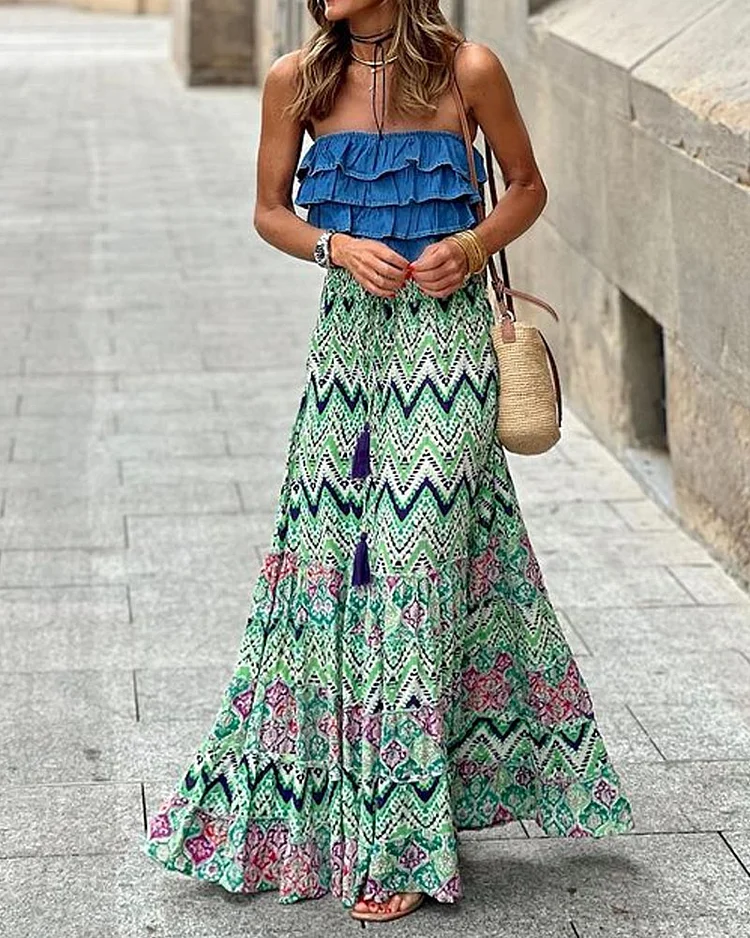 Casual Top & Printed Skirt Two-Piece Set