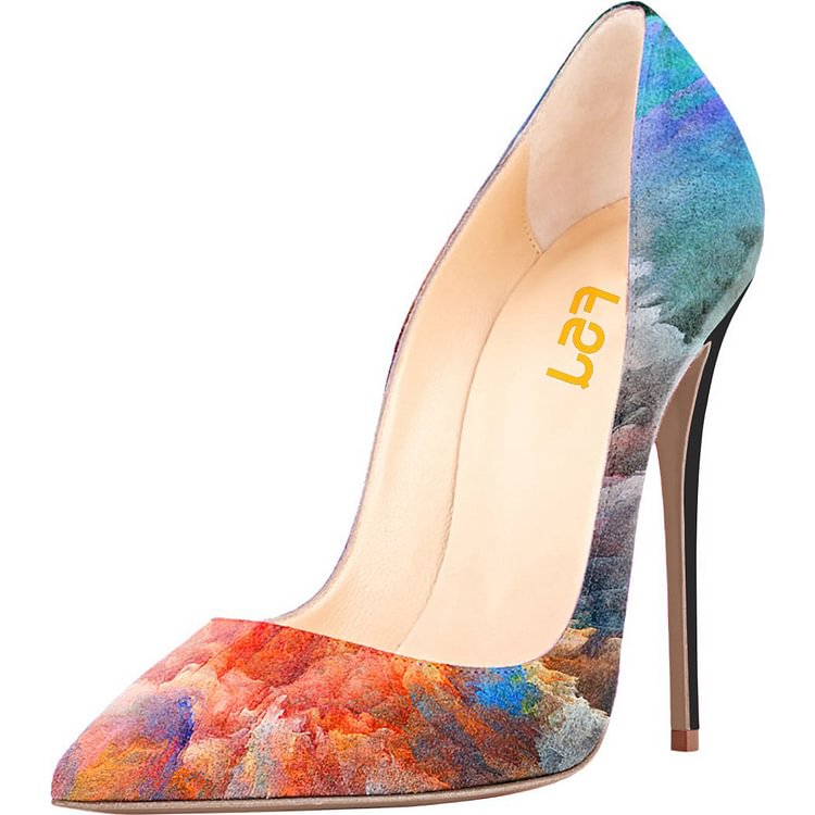 Pointed Toe Floral Heels Clouds Printed Stiletto Heel Pumps |FSJ Shoes