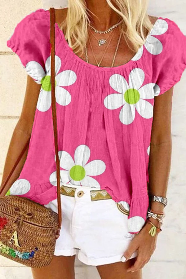 Hot Pink Floral Print Short-Sleeved T-Shirt