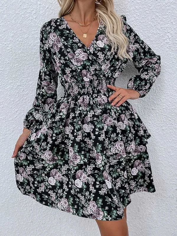 Vintage Floral Stamped Long Sleeves Mini Dress