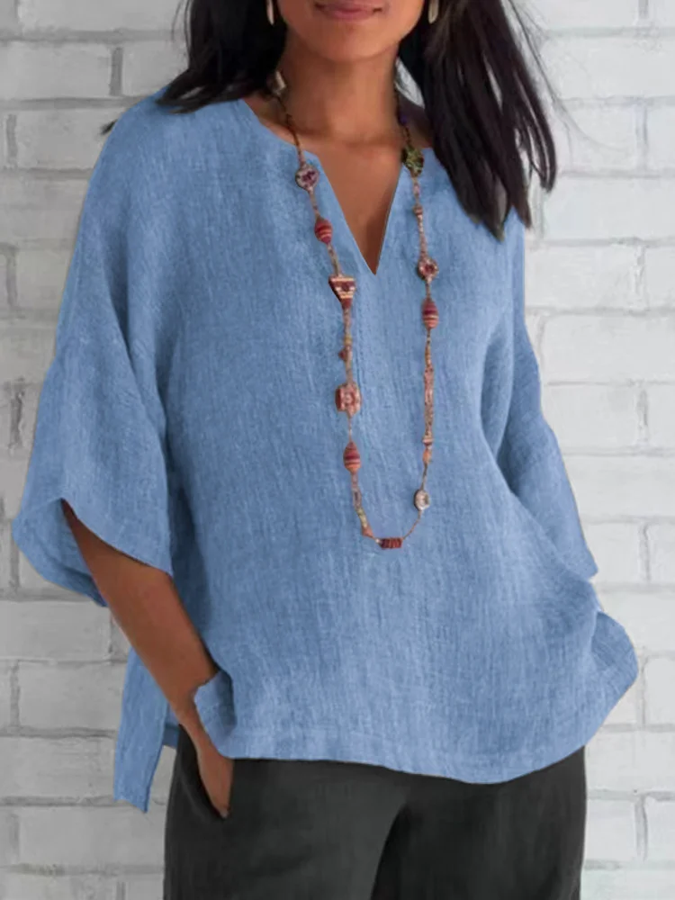 Women's V-neck Three Quarter Sleeve Cotton Linen Solid Loose Casual Shirt