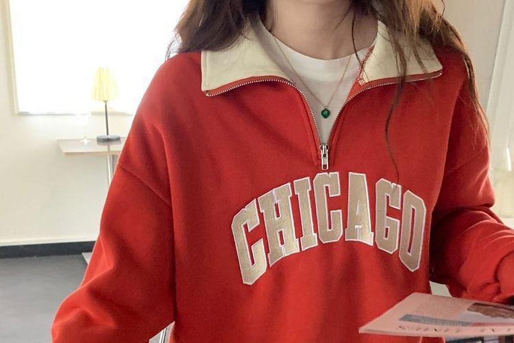 Letter Embroidered Half-Zip Sweatshirt YP2571