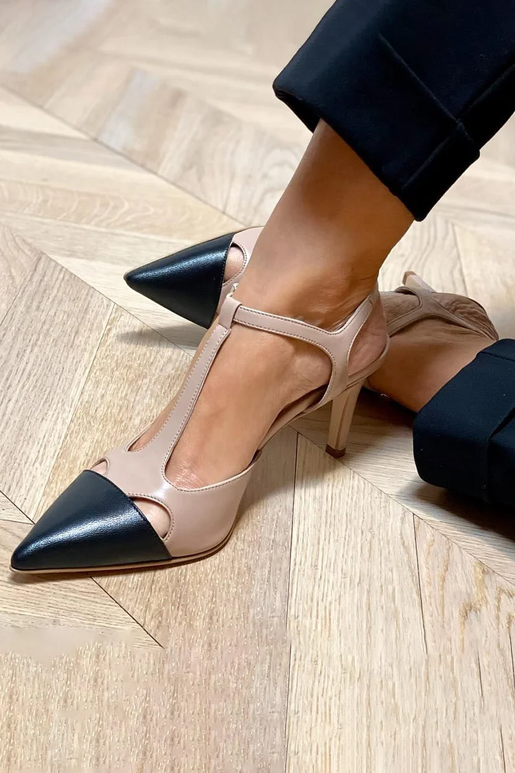 Colorblocking T-Strap Cut Out Pointed Toe Beige Stiletto Heels