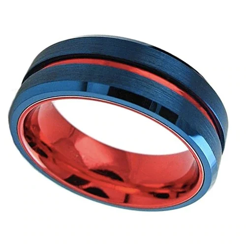 Women's Or Men's Tungsten Carbide Wedding Band Matching Rings,Blue Band with Red Line Groove,Matte Finish and Beveled Edges Bands Ring With Mens And Womens For Width 4MM 6MM 8MM 10MM