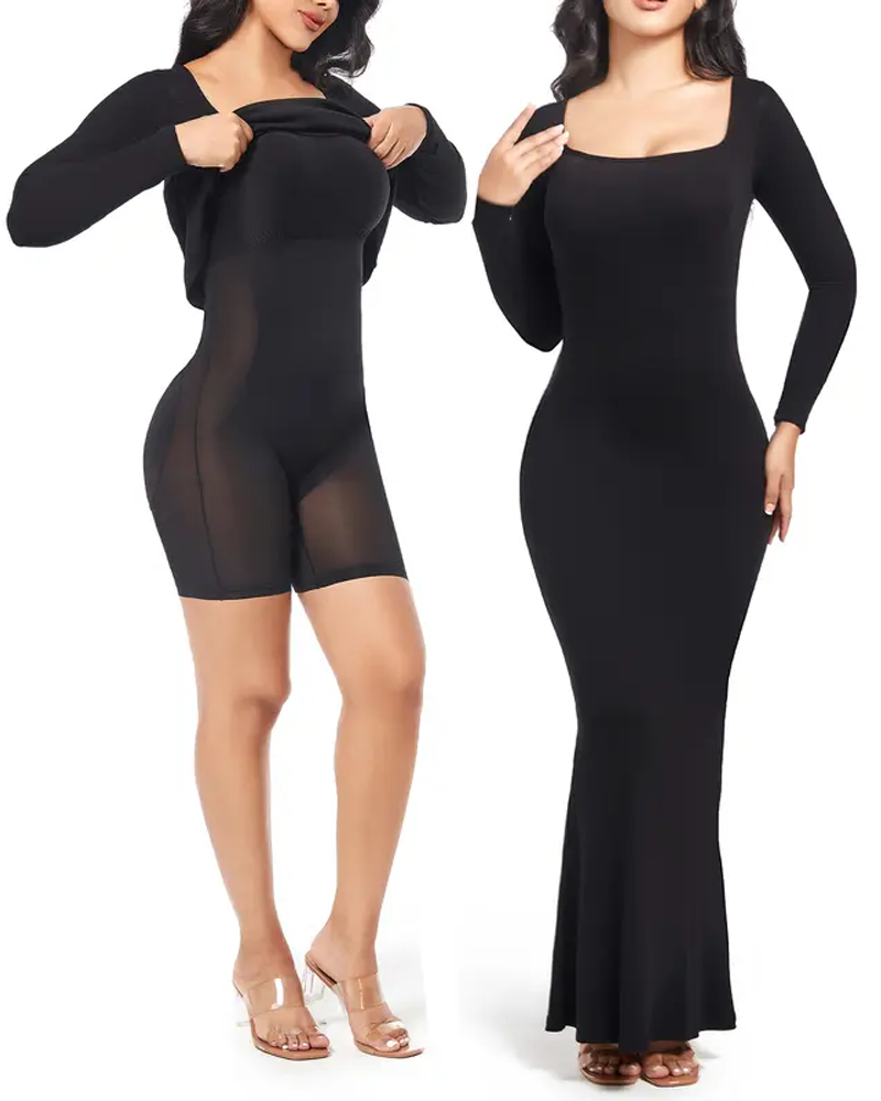 Square Neck Long Sleeve Tummy Control Built-In Body Shaping Dress