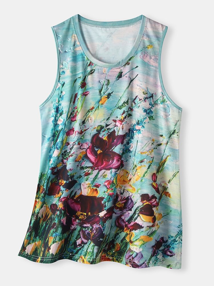 Calico Print O neck Sleevless Casual Tank Top For Women P1805997