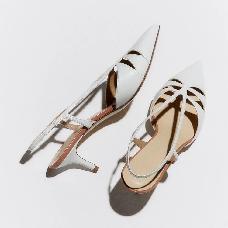 Elegant White Slingback Shoes Pointed Toe Cut Out Kitten Heel Pumps |FSJ Shoes