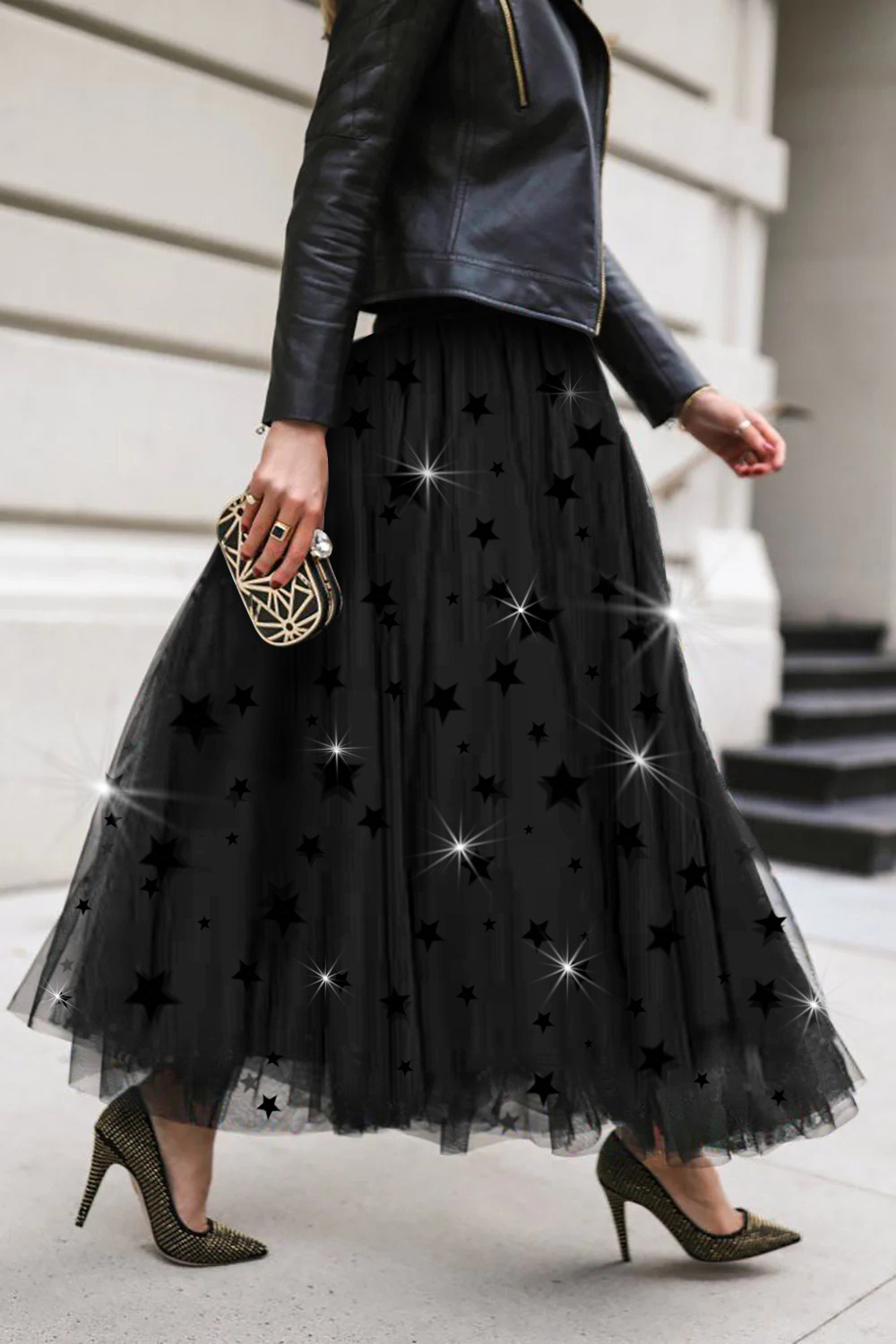 Plus Size Casual Skirt Black Star Mesh Tulle Skirt