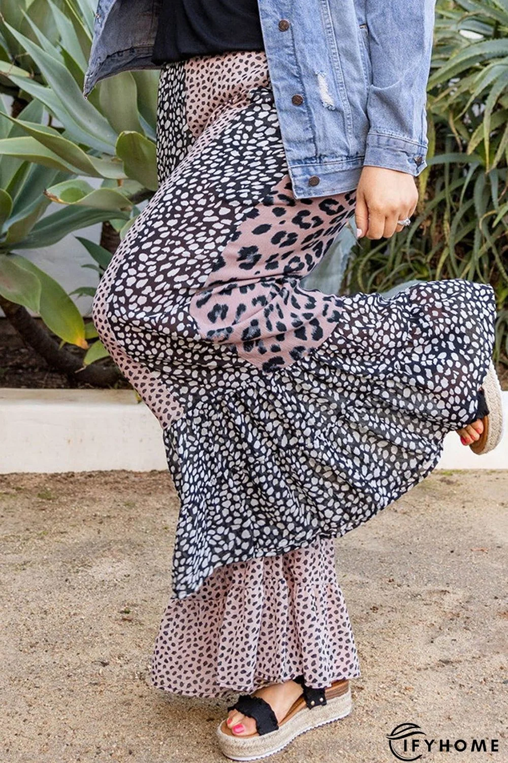 Leopard Print Color Block Ruffled Plus Size Pants | IFYHOME
