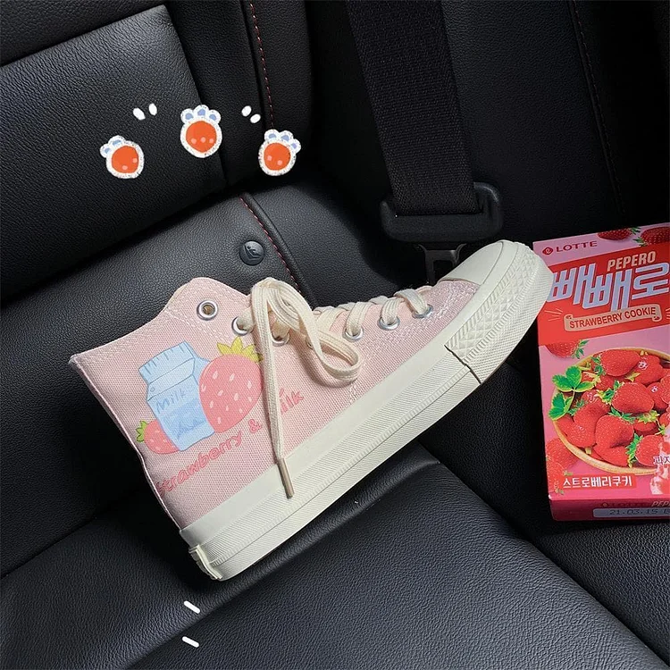 Sweet Pink Milk Strawberry Patterned High-top Canvas Shoes SP15316