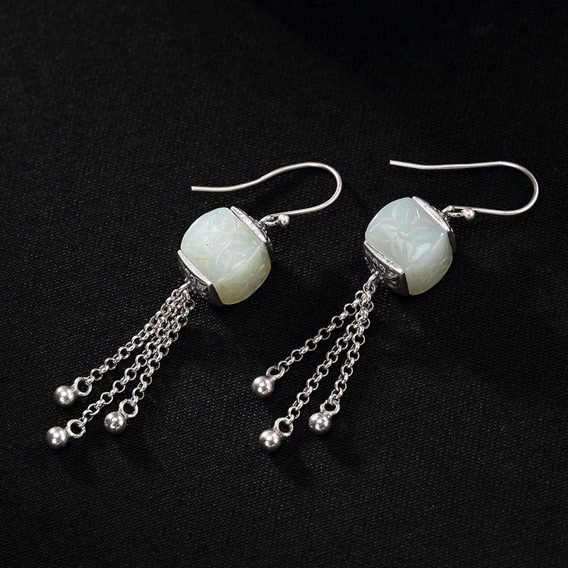 Independent design retro style inlaid Hetian white jade pattern tassels for ladies earrings elegant silver jewelry