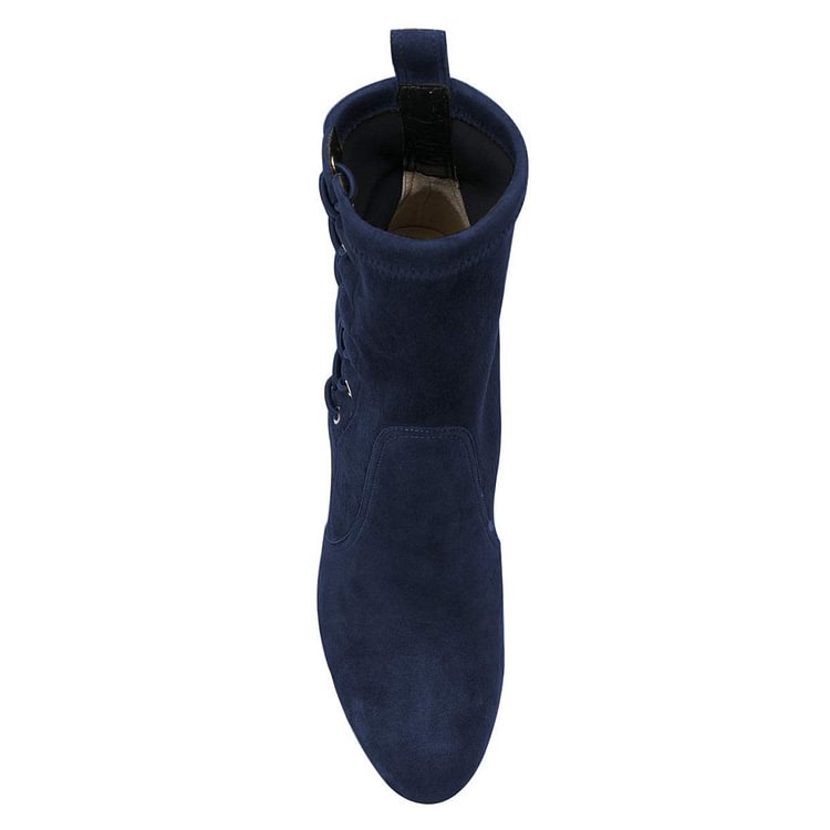 Navy Lace Up Chunky Heel Almond Toe Ankle Booties |FSJ Shoes