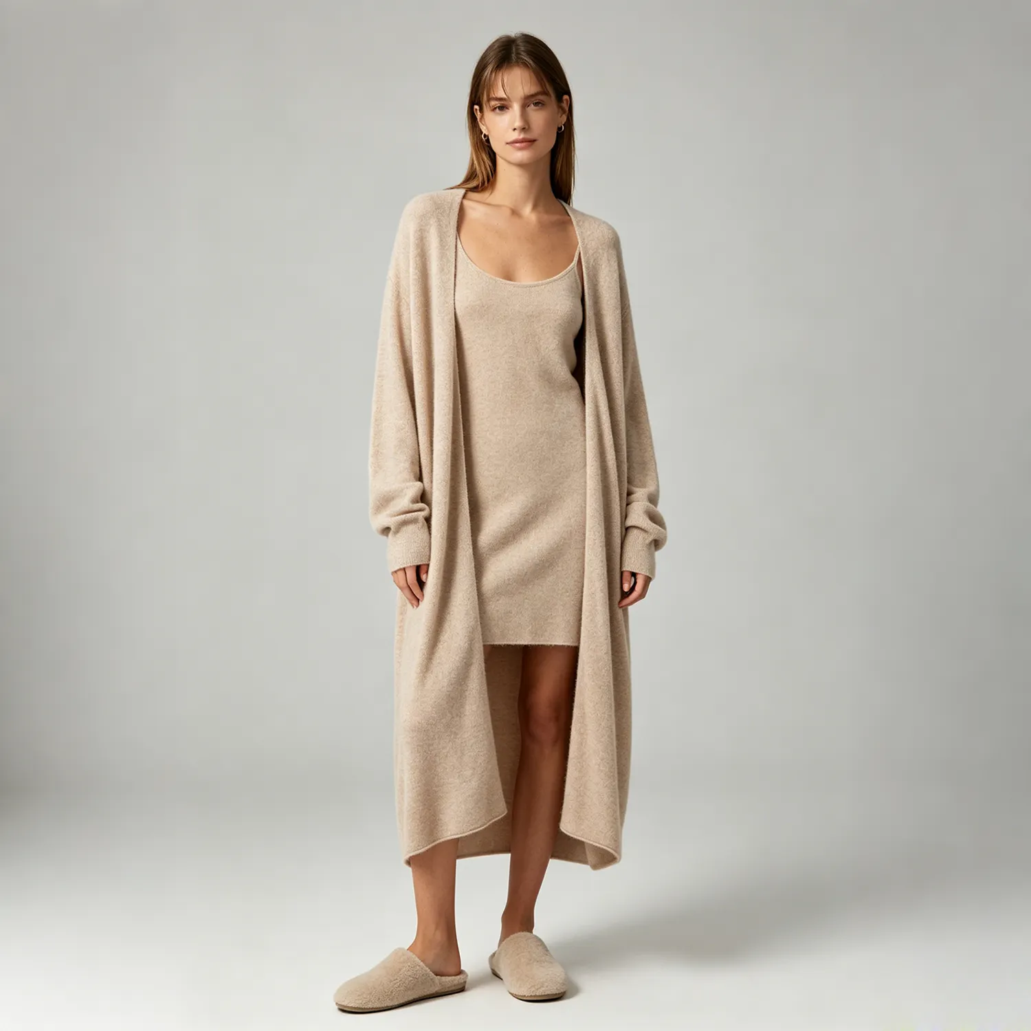 Cashmere Wool Blend Knit Cardigan Longline Open Front Minimal Daily Style REAL SILK LIFE