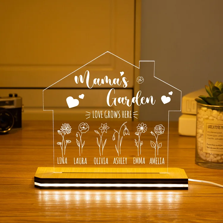 Custom Mama's Garden Night Light Engrave 6 Kids' Birth Flower LED Lamp