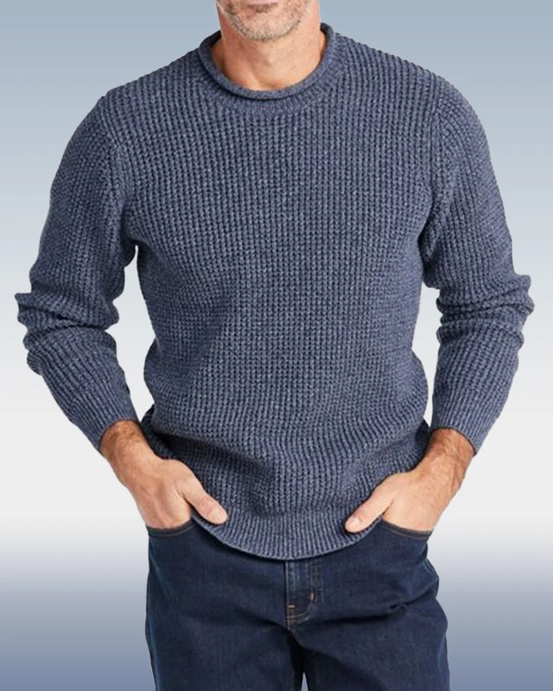 Men's Blue Round Neck Long Sleeve Knit Sweater