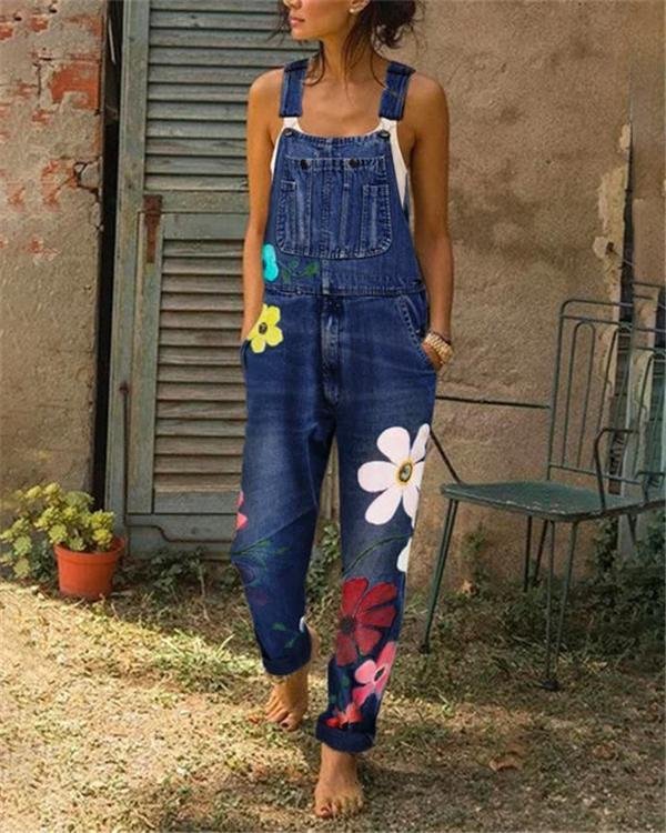 sleeveless denim floral floral print one pieces jumpsuits p240470