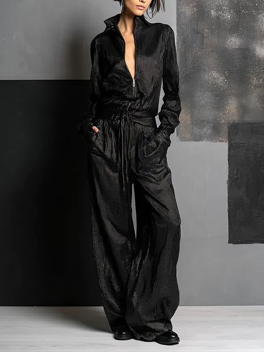 Women's All-Black Vertical Striped Lurex Jumpsuit With Collar Half Zip Front & Self Tie Wait Belt, Edgy Night Out Wide Leg Metallic Jumpsuit MD