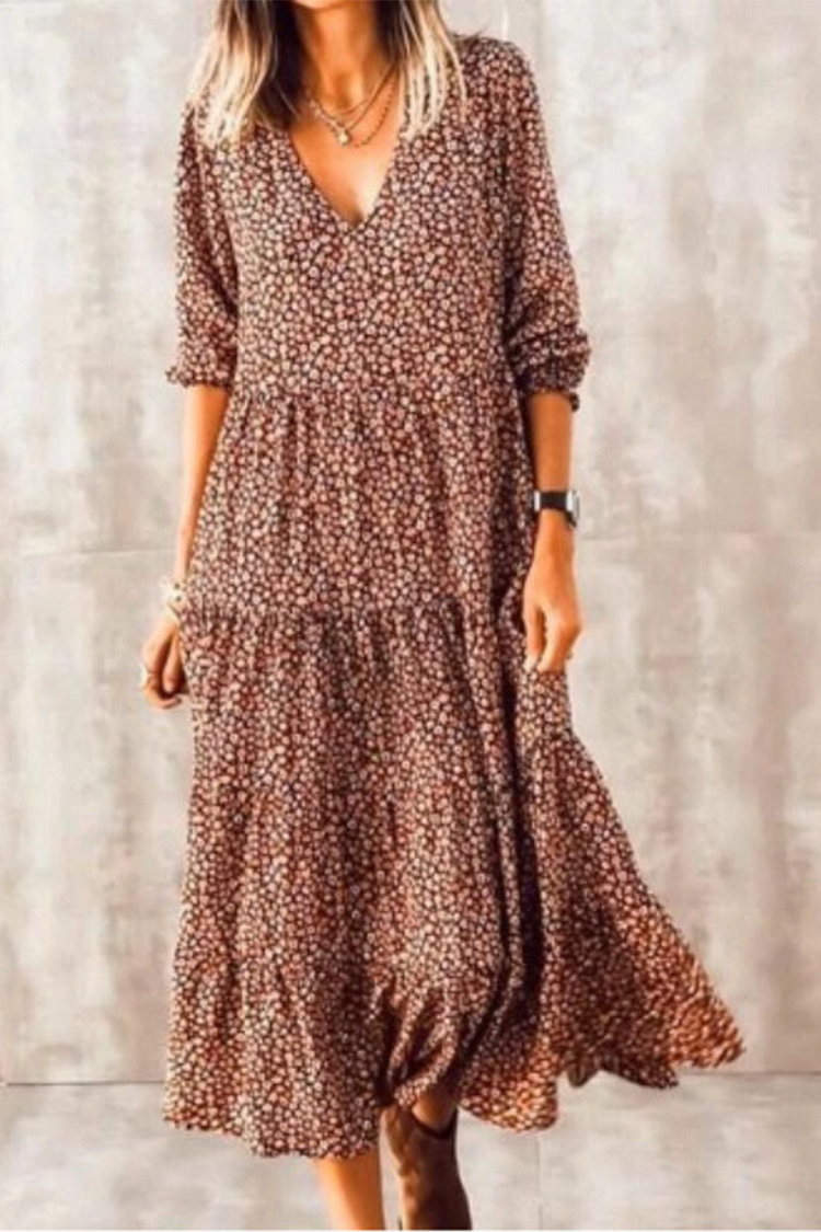Casual Print Split Joint V Neck Cake Skirt Dresses - Life is Beautiful for You - SheChoic