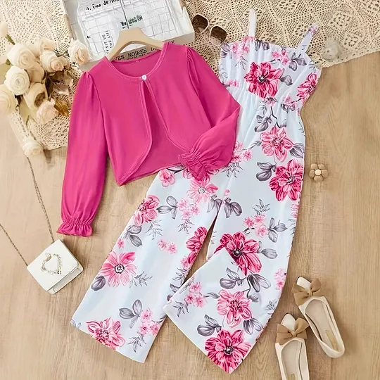 【5Y-13Y】Girls' Long-Sleeve Jacket + Printed Jumpsuit 2-Piece Set