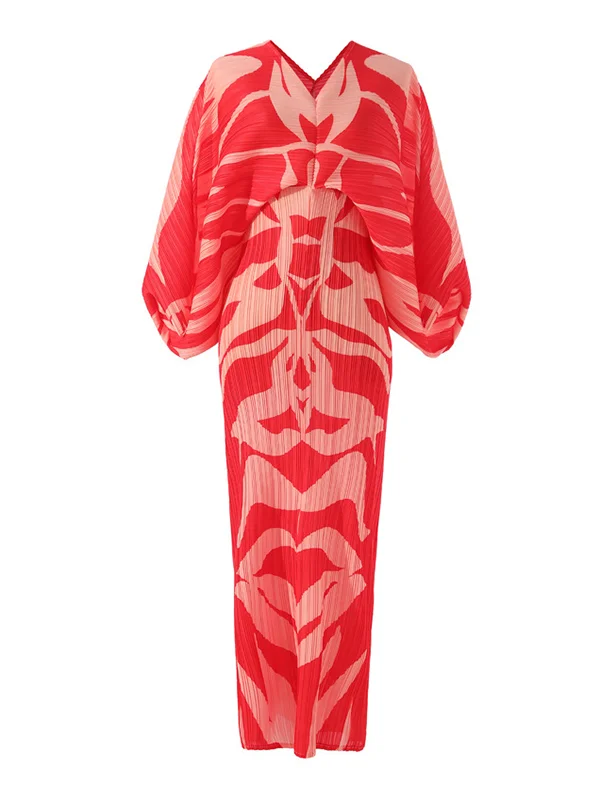 Original Batwing Sleeves Long Sleeves Contrast Color Printed Pleated V-Neck Midi Dresses