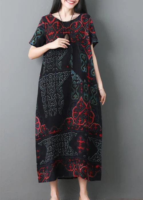 Simple black prints cotton quilting clothes short sleeve Maxi summer Dresses