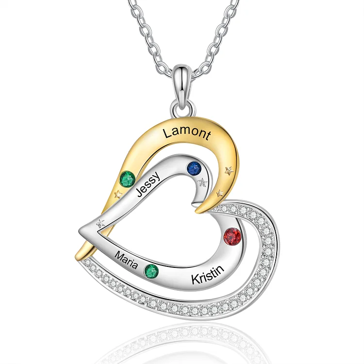 Personalized 4 Birthstones & 4 Names Necklace Custom Heart Pendant Necklace Gifts for Her