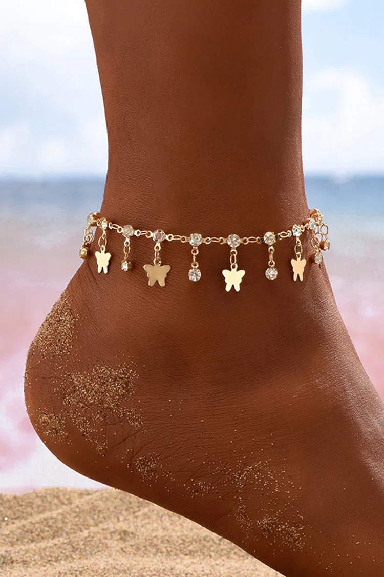 Butterfly Rhinestone Pendant Adjustable Alloy Chain Anklet