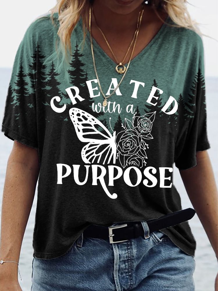 VChics Created With A Purpose Butterfly V Neck T Shirt