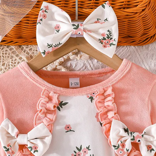 【6M-3Y】Girls Sweet Colorblock Bow Floral Dress With Headscarf